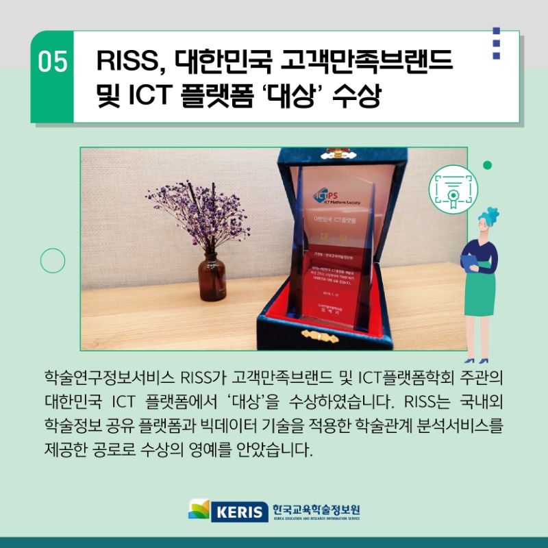 05.RISS, 대한민국 고객만족브랜드 및 ICT 플랫폼 대상 수상 - 학술연구정보서비스 RISS가 고객만족브랜드 및 ICT플랫폼학회 주관의 대한민국 ICT플랫폼에서 대상을 수상하였습니다. RISS는 국내외 학술정보 공유 플랫폼과 빅데이터 기술을 적용한 학술관계 분석 서비스를 제공한 공로로 수상의 영예를 안았습니다. 